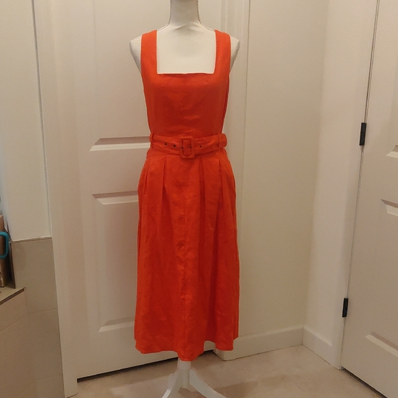 Tangerine Dresses & Skirts - New!Saks Fifth AvenueWomen’s Squareneck Belted 100% Linen Midi Dress